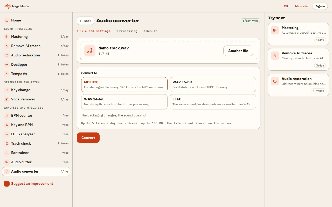 Choose the format, sample rate and bit depth; turn on dither for 16 bit.